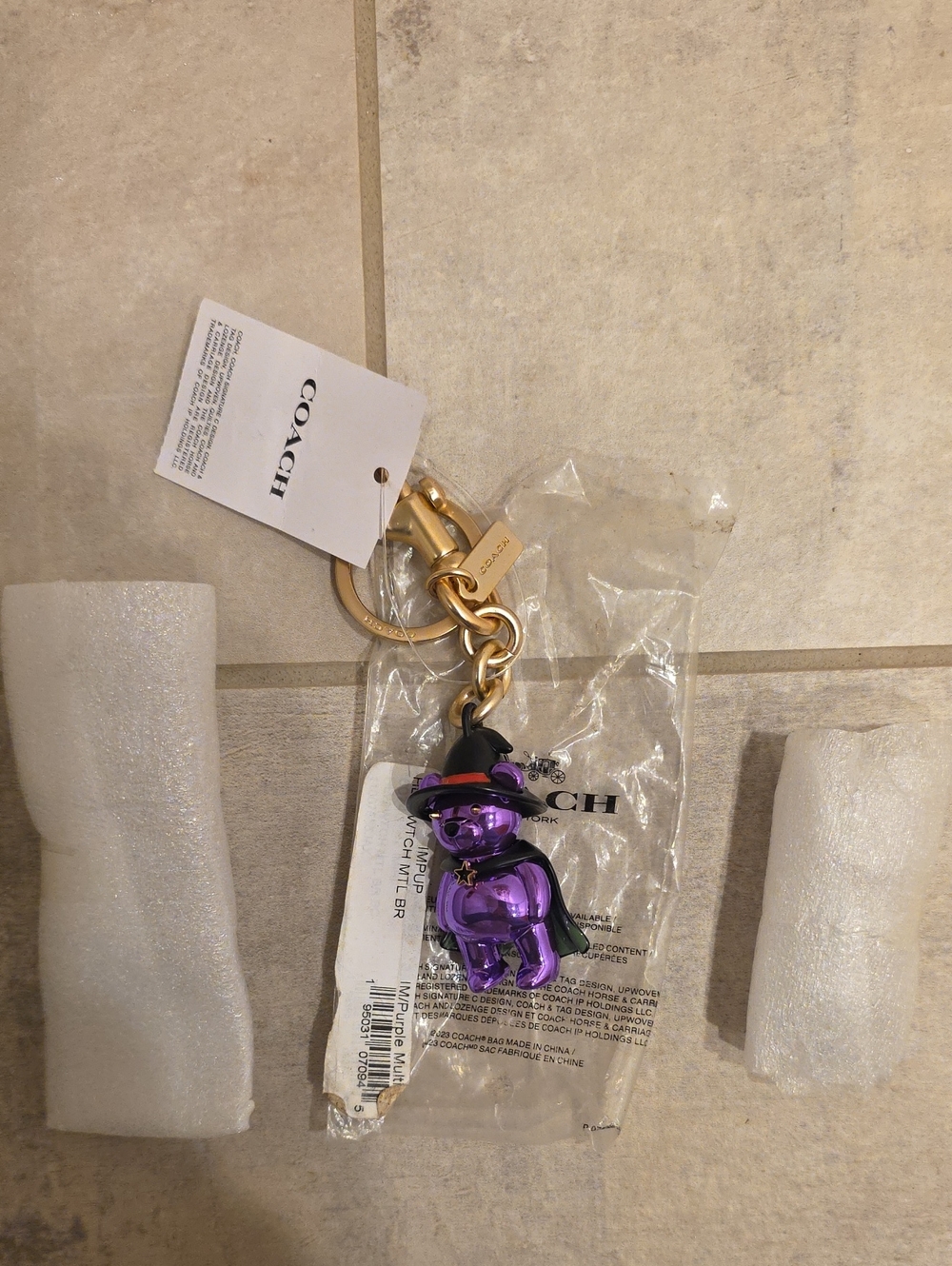 COACH Metallic Purple Witch Bear Key & Card Holder with Gold Hardware